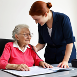 **A local government administrative worker helping an elderly woman with a rental assistance application in a bright and modern office setting. The atmosphere should convey helpfulness and approachability, with a focus on the human connection.**