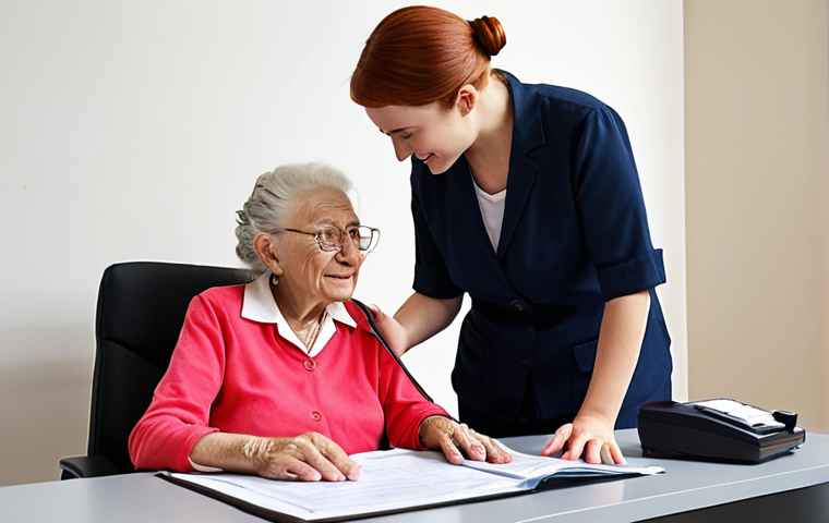**A local government administrative worker helping an elderly woman with a rental assistance application in a bright and modern office setting. The atmosphere should convey helpfulness and approachability, with a focus on the human connection.**